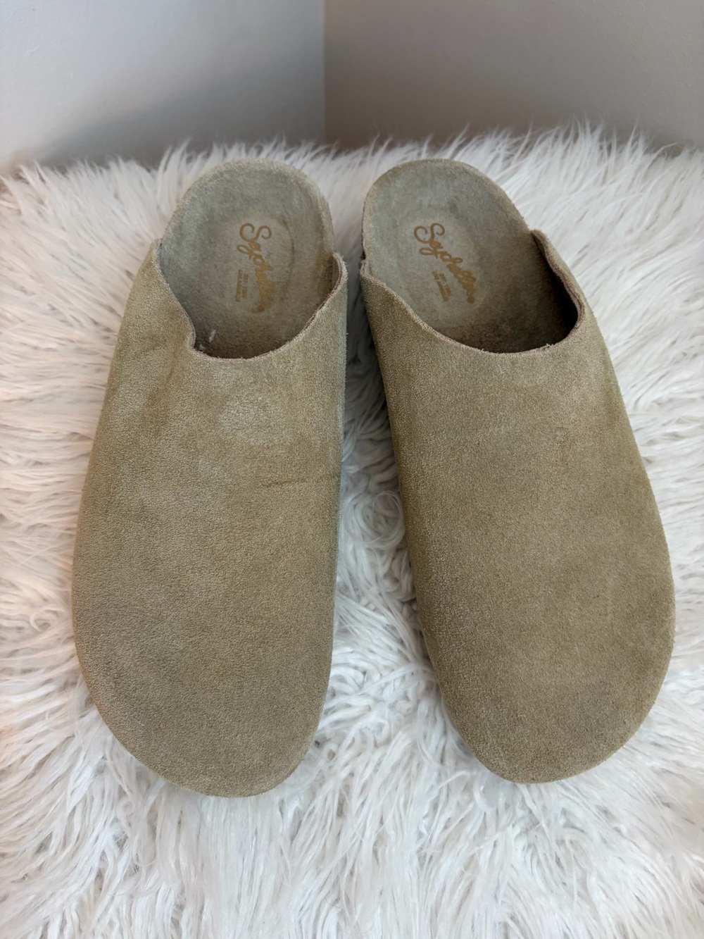 Soft Suede Slip-On Mules in Dusty Sage